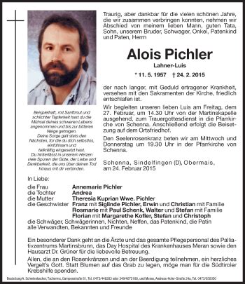 Traueranzeigen Von Alois Pichler Trauer Bz