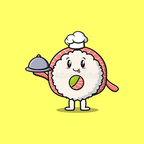 Cartoon Chef Rice Sushi Rolls Sashimi Servindo Comida Ilustração do