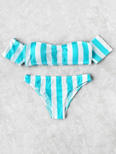 Vertical Striped Off The Shoulder Bikini Set SheIn Sheinside