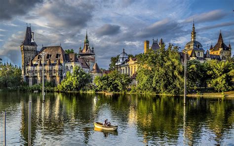 Budapest Castle Trees Nature Park Lake Boat People Wallpaper