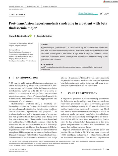 Pdf Posttransfusion Hyperhemolysis Syndrome In A Patient With Beta