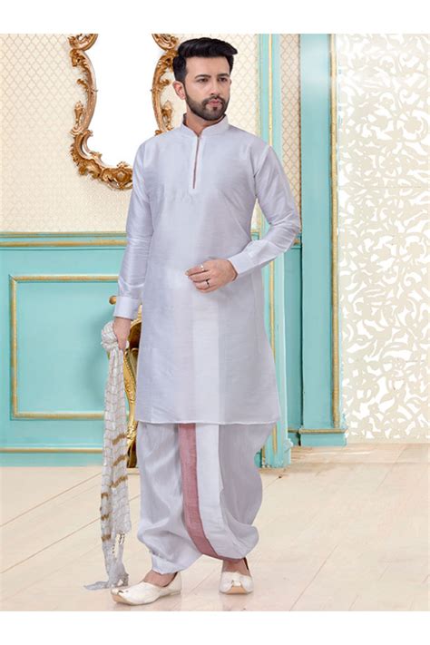 Pearl White Dupion Silk Dhoti Kurta Set