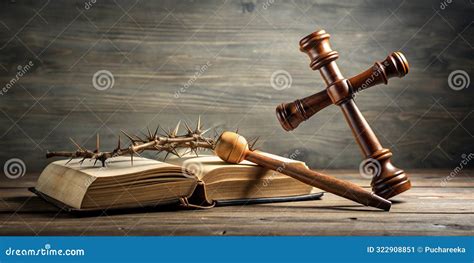 Crown Of Thorns Wooden Cross Bible And Judge Gavel All Rest On A Grey