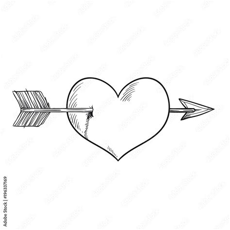 Vector cartoon heart pieced by Cupid arrow. Black and white version ...