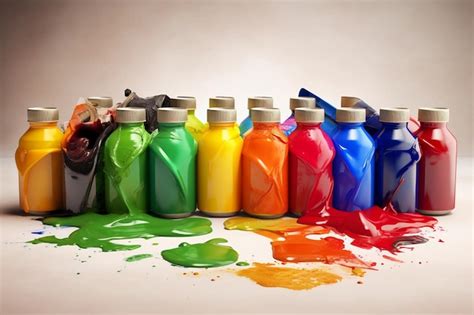 Una Fila De Botellas De Pintura De Colores Con Diferentes Colores