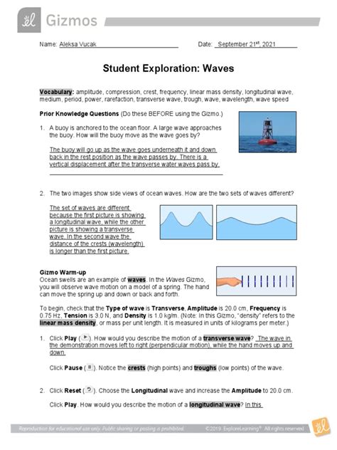 Waves Gizmo Student Exploration Sheet Pdf Waves Frequency