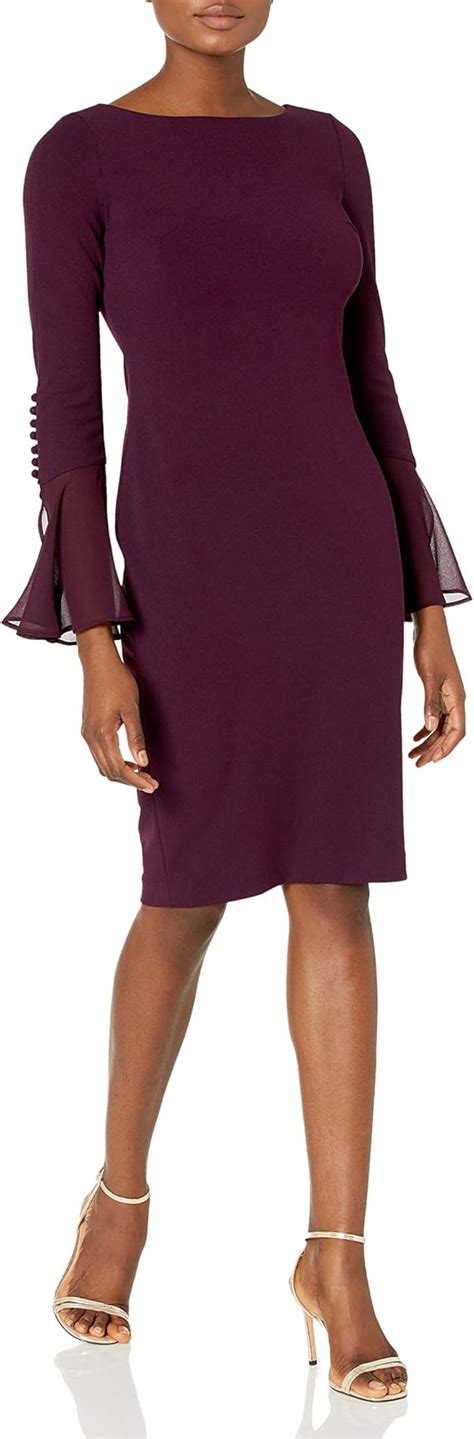 Calvin Klein Womens Solid Sheath With Chiffon Bell Sleeves Dress At