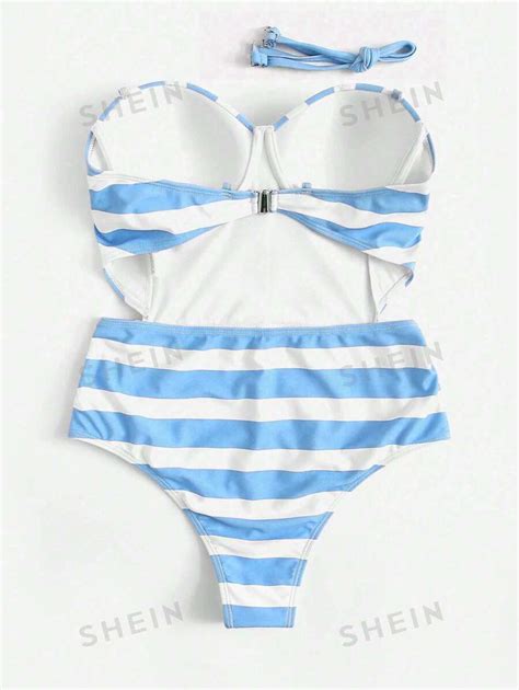 SHEIN Swim Vcay One Piece Striped Bandeau Swimsuit With Printed Front