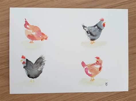 Four Chickens Watercolour Painting Original Wall Art Wall Etsy