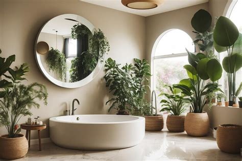 Premium Photo A Bathroom With A Round Mirror And A Round Bathtub With