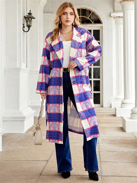 SHEIN Frenchy Plus Plaid Print Lapel Neck Overcoat SHEIN USA