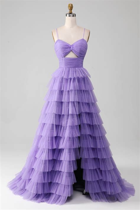 Zapakasa Women Purple Tulle A Line Tiered Long Prom Dress With Slit