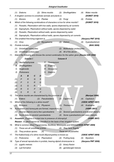 Biological Classification Mcq For Neet Biology With Answers