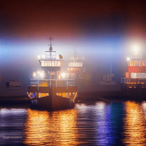 Dark Night Sea Harbor Ferry Lights Misty Lights Reflected On Water