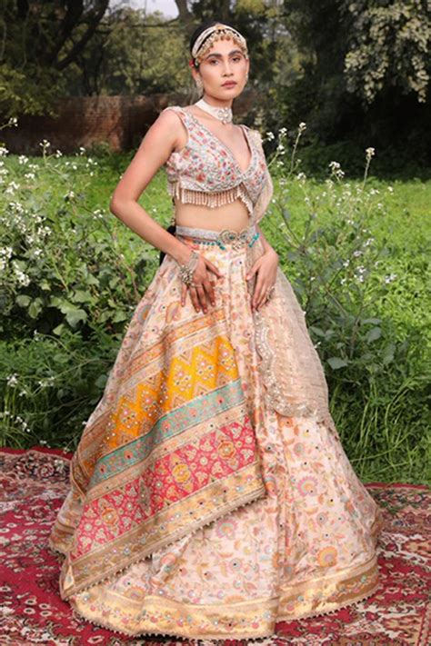 Buy Aditi Gupta Beige Silk Mirror Embroidered Lehenga Set Online Aza