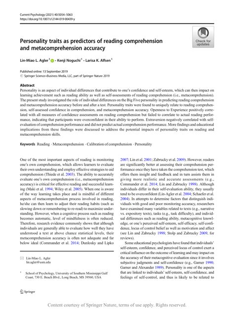 Personality Traits As Predictors Of Reading Comprehension And