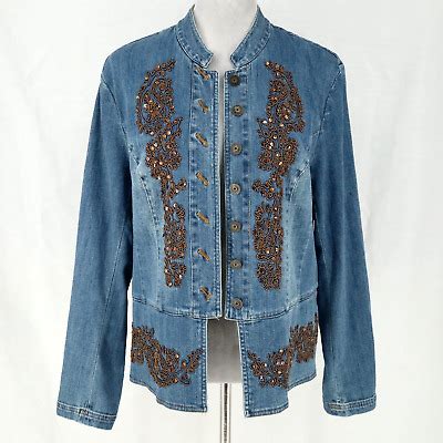 Coldwater Creek Denim Jacket Large Womens Blue Embroidered Sequins