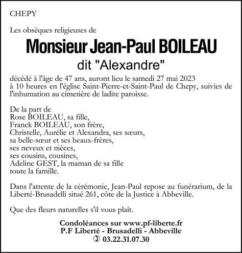 Avis De Décès De Jean Paul Boileau Pompes Funèbres Liberté Brusadelli