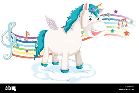 Cute Unicorn Standing On The Cloud With Melody Symbols On Rainbow