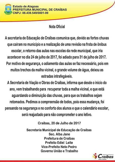 Craíbas Noticias e Fatos Nota Oficial Prefeitura Municipal de Craíbas