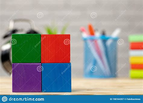 Wooden Blocks And Alarm Clock On Wooden Desk Stock Image Image Of Time Bank 198164357