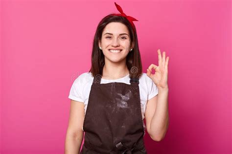 Close Up Portrait Of Beautiful Young Woman Shows Ok Sign Lady With