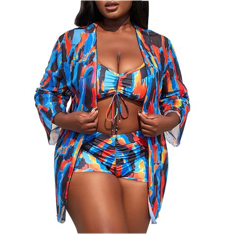 Lovskoo 3 Piece Swimsuits For Women 2024 Plus Size Outfits Boho Floral Tropical Bikini Short