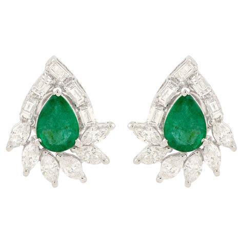 Pear Emerald Gemstone Ear Climber Earrings Diamond 14k White Gold Fine Jewelry For Sale At 1stdibs