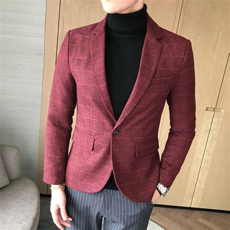 Ccxo Brand Fashion Casual Men Blazers Suits Jacket Slim Fit Wedding Groom Plaid Red Blue Male