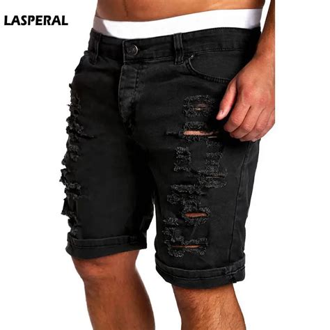 Lasperal Fashion Ripped Hole Denim Shorts Men Black White Slim Skinny