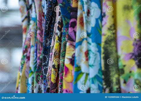 Colorful Fabrics Hanging And Lined Fabrics With Different Patterns And