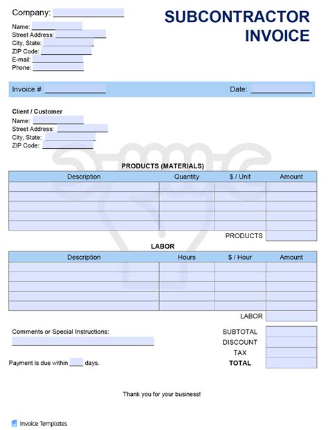 Subcontractor Invoice Template Excel