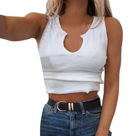 Summer Slim Short Top Women Sleeveless Crop Top Tank Tops Solid White ...