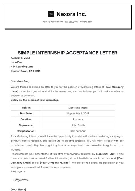 Free Simple Internship Acceptance Letter Template Edit Online