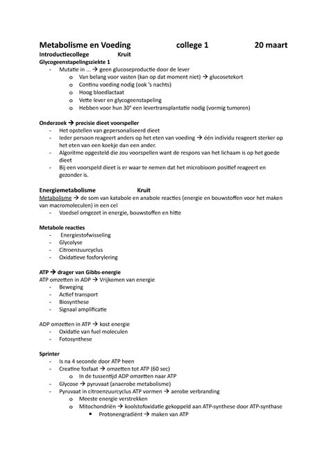 Metabolisme En Voeding College 1 Geen Glucoseproductie Door De