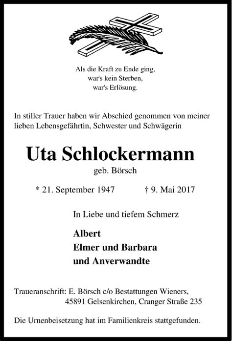 Traueranzeigen Von Uta Schlockermann Trauer In Nrw De