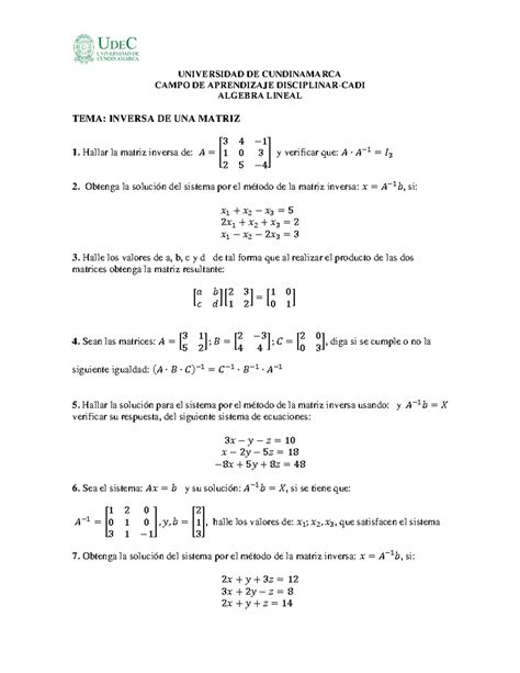 Inversa De Una Matriz Universidad De Cundinamarca Campo De