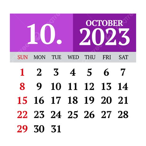 Modern Clean Style October 2023 Calender Transparent Background And