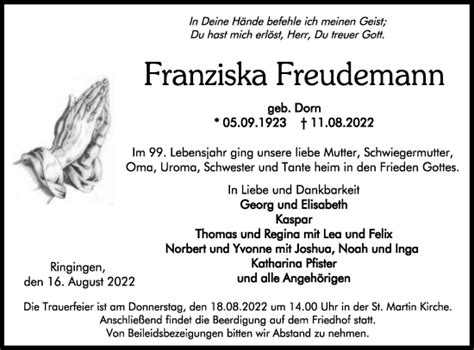 Traueranzeigen Von Franziska Freudemann S Dwest Presse Trauer