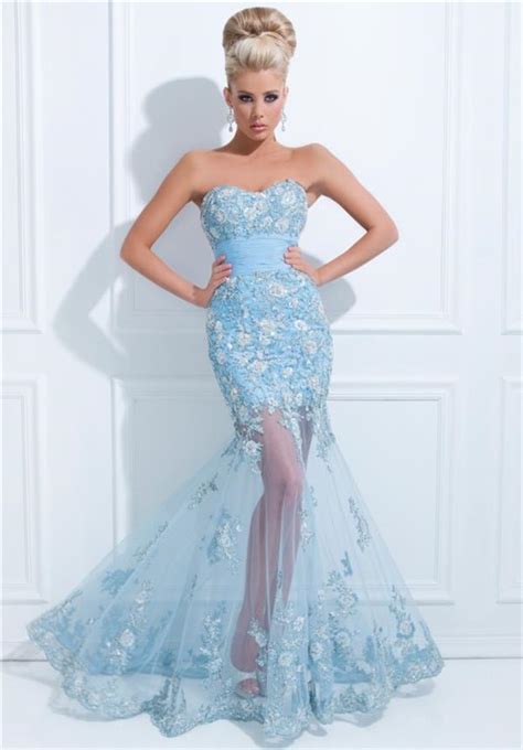 Flared Mermaid Strapless Long Light Blue Tulle Floral Applique Prom