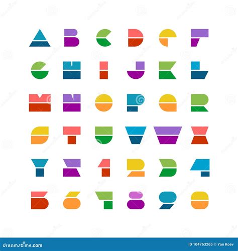 Flat Colorful Geometric Shapes Letters Style Font With Numbers Stock