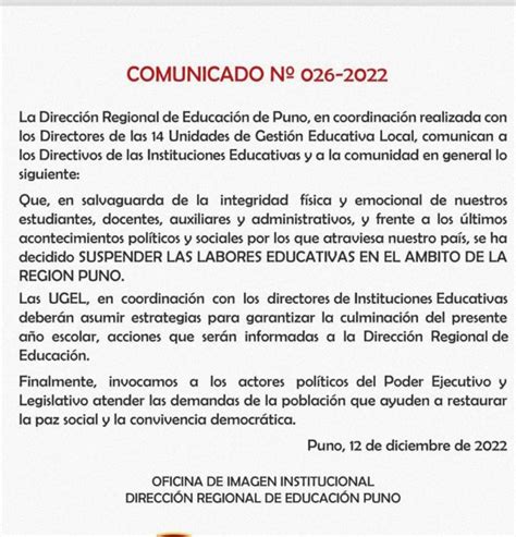 COMUNICADO DE LA DIRECCIÓN REGIONAL DE EDUCACIÓN PUNO UGEL EL COLLAO