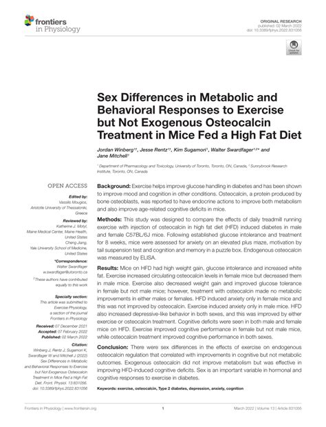 Pdf Sex Differences In Metabolic And Behavioral Responses To Exercise But Not Exogenous