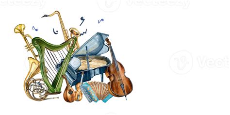 Harp Violin Grand Piano And Contrabass Watercolor Illustration Isolated Stringed And Wind