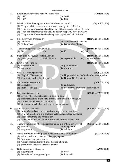 Cell The Unit Of Life Mcq For Neet Biology