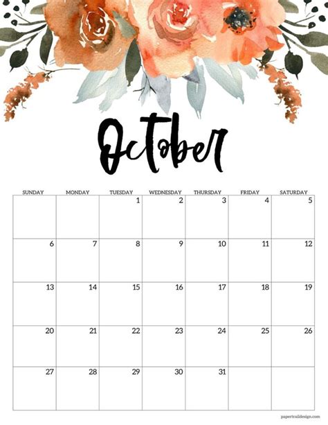 The October Calendar With Watercolor Flowers On It