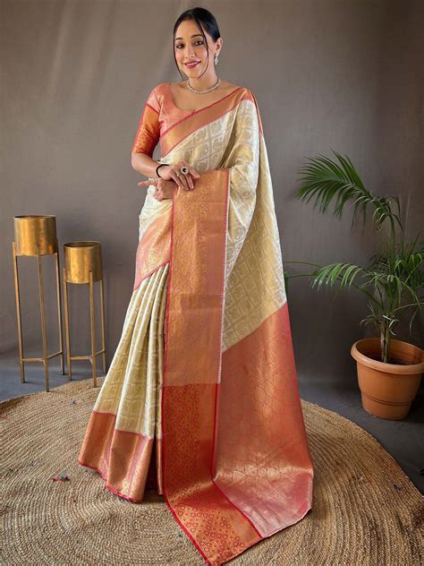 Buy Off White Zari Weaving Silk Festival Wear Saree From Ethnic Plus