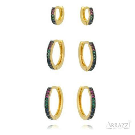 Comprar Brinco Conjunto Trio Argola Micro Zircônia Color Fino Banhado