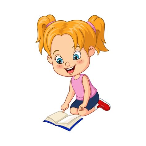 Niña de dibujos animados leyendo un libro Vector Premium