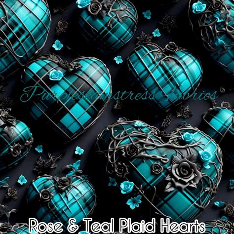 Rose Teal Plaid Hearts Purpleseamstress Fabric